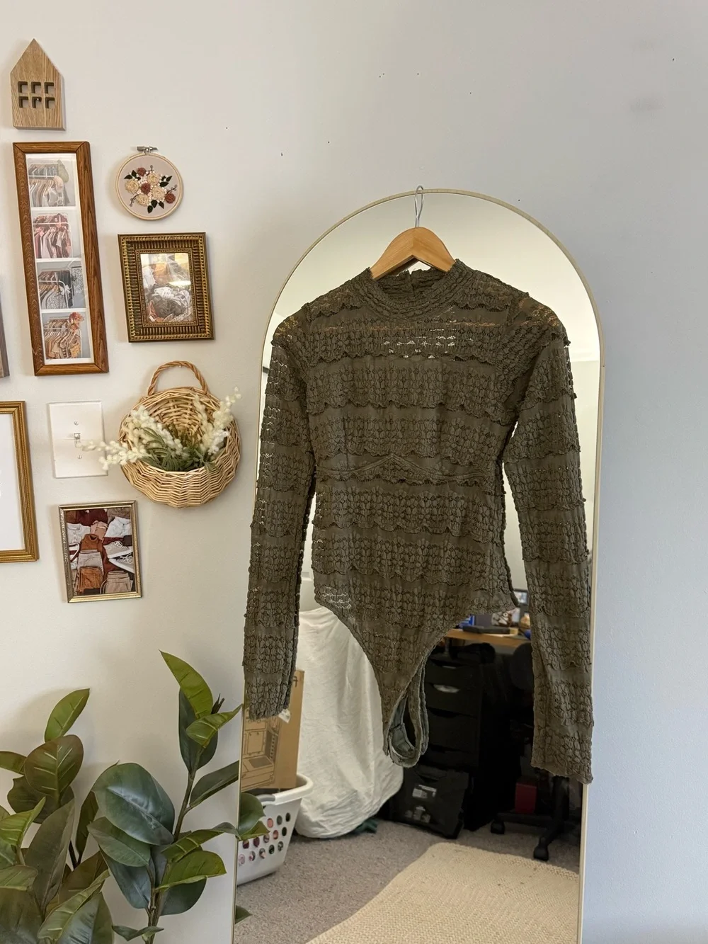 Free People Olive Green Angelina Lace Bodysuit
